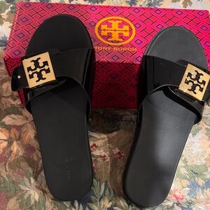 Tory Burch Black Slides with Gold Emblem